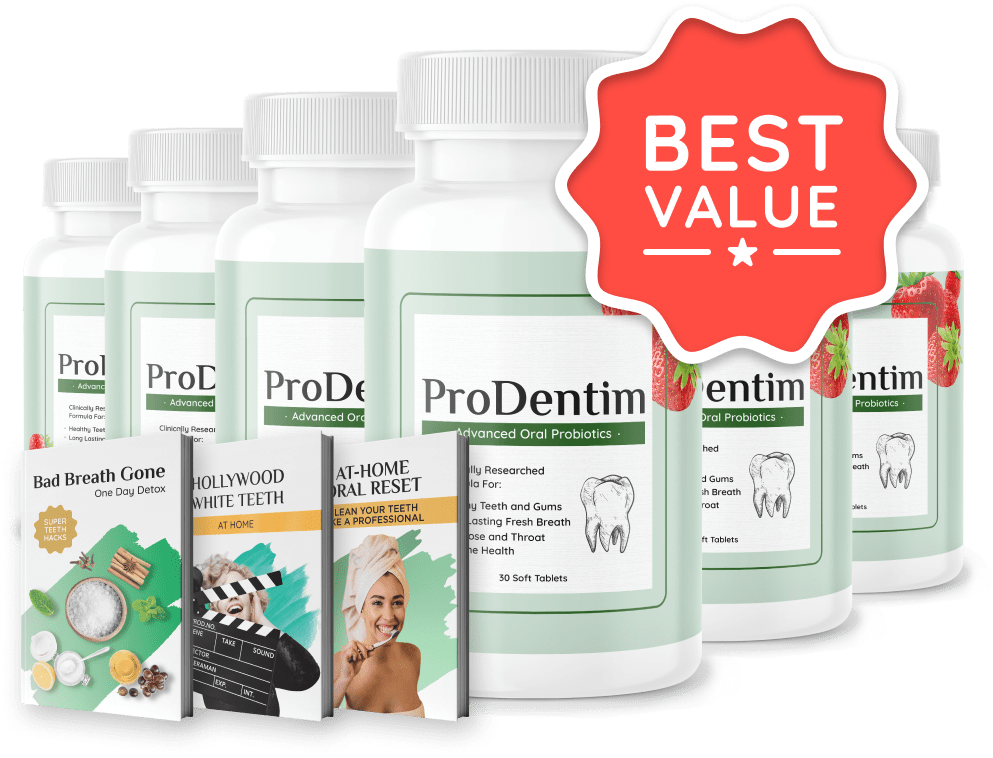 ProDentim six-bottle bundle with bonus booklets and Best Value seal